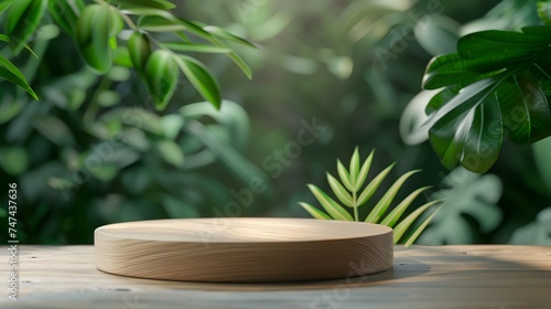 Wooden Tabletop in Tropical Environment with Green Leaves