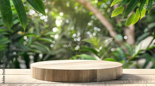 Wooden Plate on Wooden Table in Tropical Garden - 3D Rendering