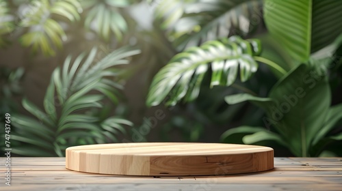 Wooden Platter on Wooden Table with Green Jungle Background