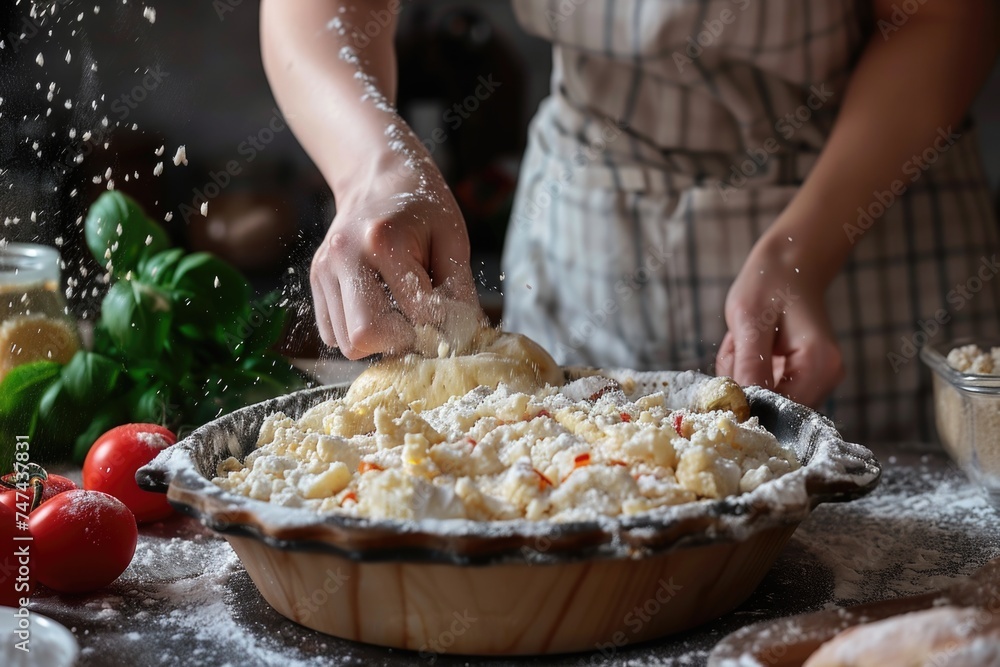 A woman sprinkling flour onto a pie crust, perfect for baking enthusiasts