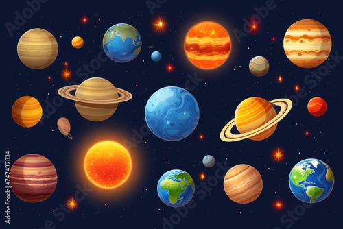 A group of planets with the sun in the sky. Suitable for educational materials