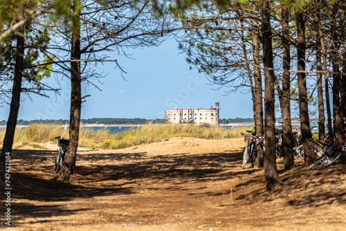 Vue sur le Fort Boyard en France depuis la forêt avec des vélos