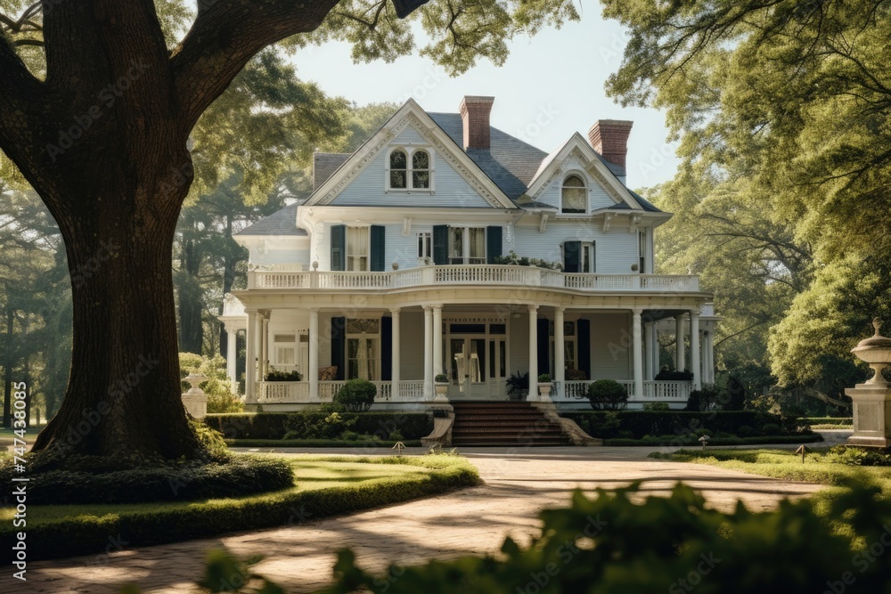 A large white house surrounded by lush greenery. Ideal for real estate or nature concepts A large white house surrounded by lush greenery. Ideal for real estate or nature concepts