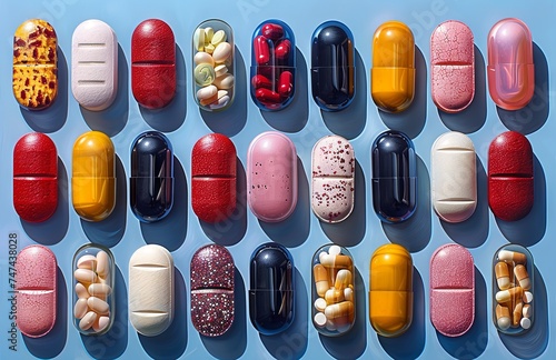 various pills on blue background, in the style of graphic design poster art, foampunk, photorealistic paintings. Generative AI. photo