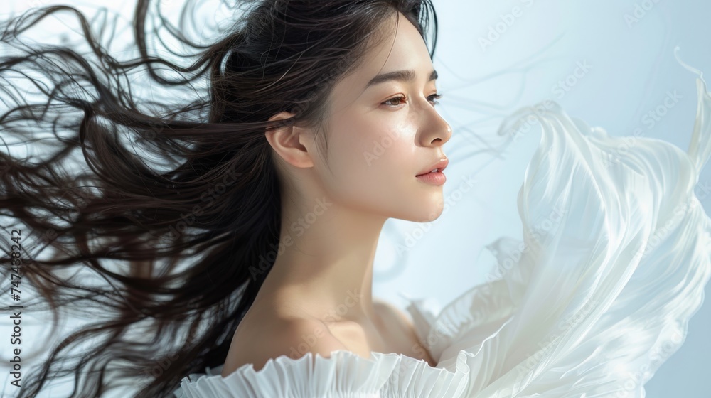 Closeup photo portrait of a beautiful young asian female model woman shaking her beautiful hair in motion. use for Product advertising Closeup photo portrait of a beautiful young asian female model woman shaking her beautiful hair in motion. use for Product advertising