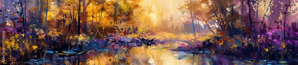colorful impressionist background landscapes, yellow and purple - obrazy, fototapety, plakaty 