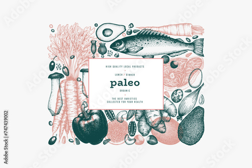 Paleo Diet Design Template. Vector Hand Drawn Healthy Food Banner. Vintage Style Menu Illustration.