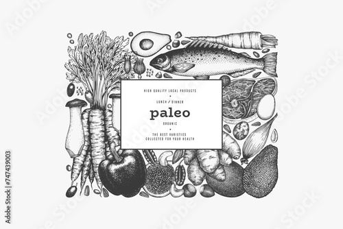 Paleo Diet Design Template. Vector Hand Drawn Healthy Food Banner. Vintage Style Menu Illustration.