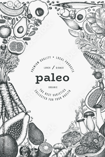 Paleo Diet Design Template. Vector Hand Drawn Healthy Food Banner. Vintage Style Menu Illustration.