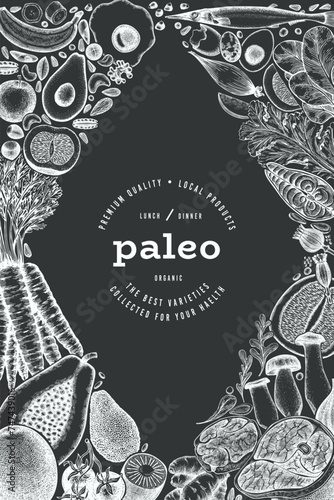 Paleo Diet Chalk Board Design Template. Vector Hand Drawn Healthy Food Banner. Vintage Style Menu Illustration.