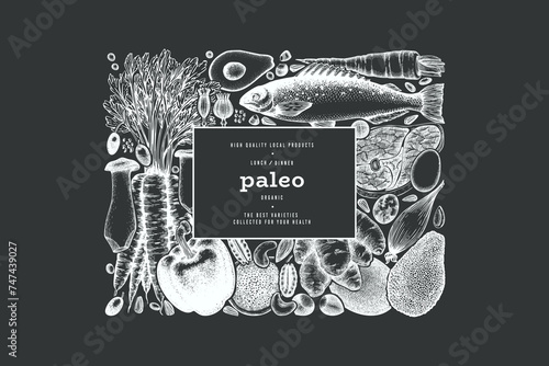 Paleo Diet Chalk Board Design Template. Vector Hand Drawn Healthy Food Banner. Vintage Style Menu Illustration.