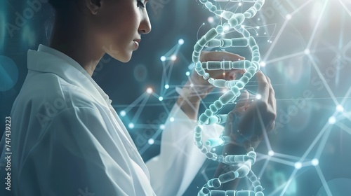 Female Scientist Holding DNA Strand in High-Tech Laboratory photo