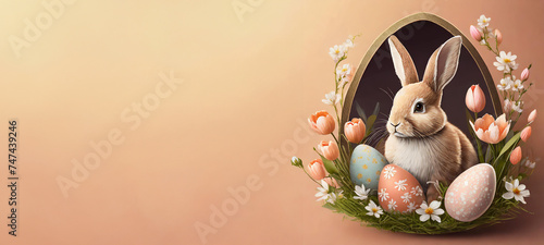 Cute Easter bunny with easter eggs and spring flowers on a pastel brawn background, copy space. Happy Easter banner with adorable rabbit. Easter concept.