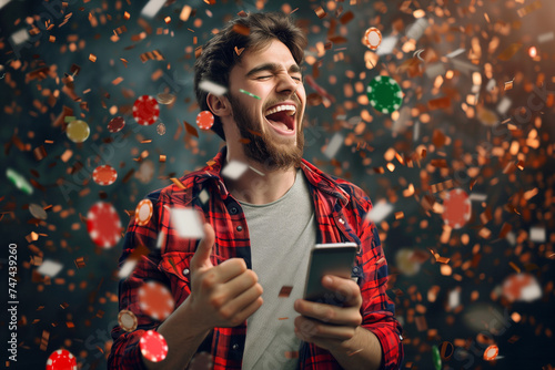 Excited Man Feeling Joy Using Smartphone While Winning at Online Casino