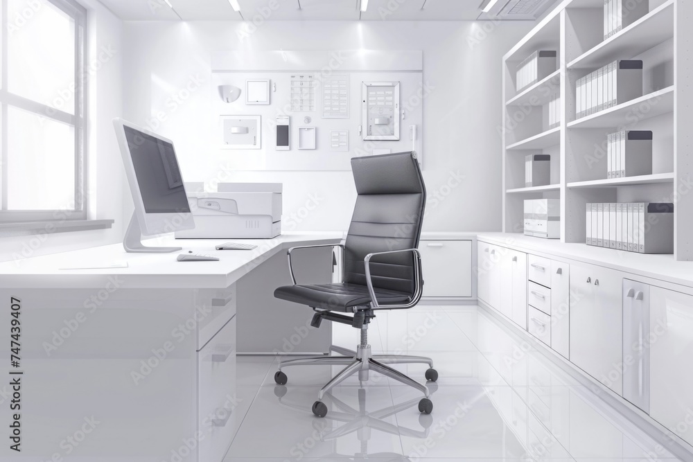 A modern white office setting with a desk and computer. Perfect for business concepts