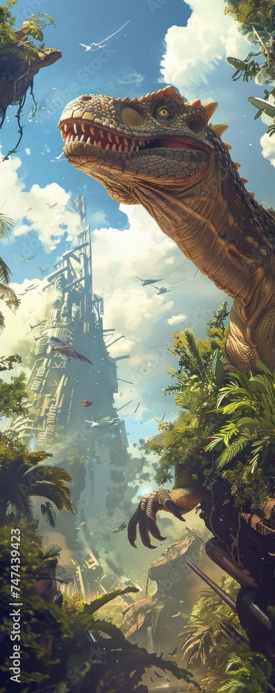 Obraz premium Imagining a world where ancient reptiles roam alongside modern technology in illustrations