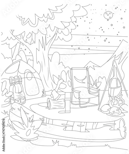 Camping coloring page for kinds and adults ,camping book page  photo