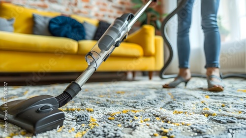 Woman Vacuuming Carpet in Modern Living Room