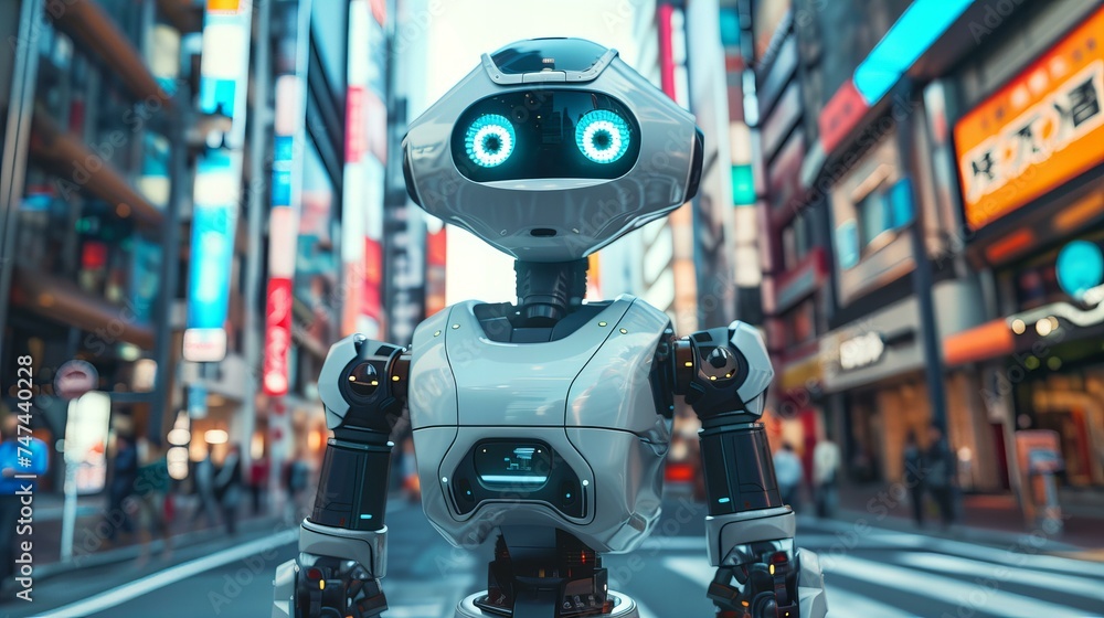 A high-tech cyberpunk robot stands in the middle of a city street, illustration, art A high-tech cyberpunk robot stands in the middle of a city street, illustration, art