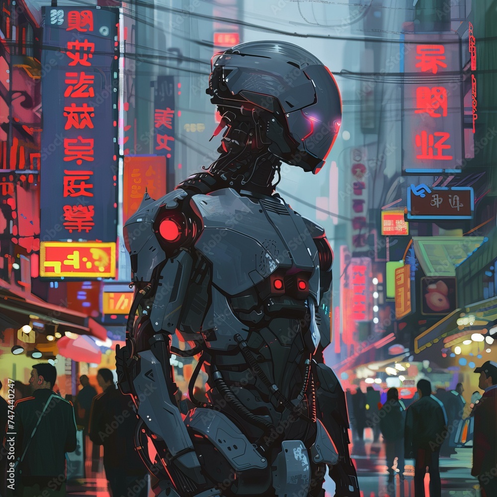 A high-tech cyberpunk robot stands in the middle of a city street, illustration, art A high-tech cyberpunk robot stands in the middle of a city street, illustration, art