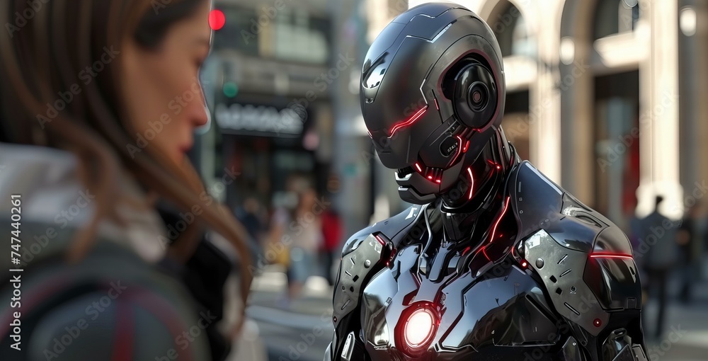 A high-tech cyberpunk robot stands in the middle of a city street, illustration, art A high-tech cyberpunk robot stands in the middle of a city street, illustration, art