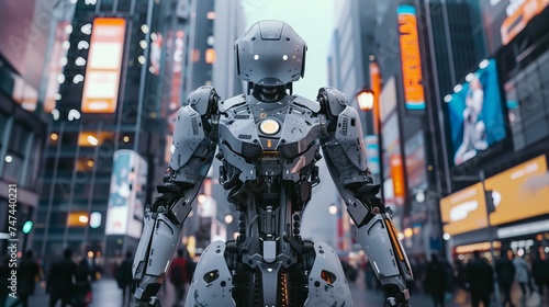 A high-tech cyberpunk robot stands in the middle of a city street, illustration, art 