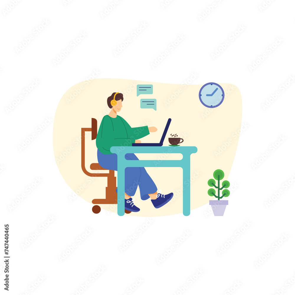 Working at home vector flat style illustration. freelance, Online career. Co-working space illustration. Young woman freelancers working on laptop or computer at home. Developer at home in quarantine
