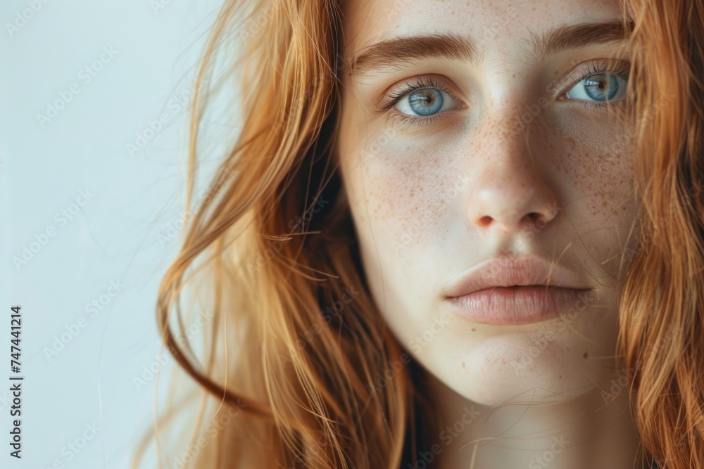 A close-up image of a woman with freckles on her face. Suitable for beauty and skincare concepts A close-up image of a woman with freckles on her face. Suitable for beauty and skincare concepts
