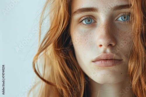 A close-up image of a woman with freckles on her face. Suitable for beauty and skincare concepts