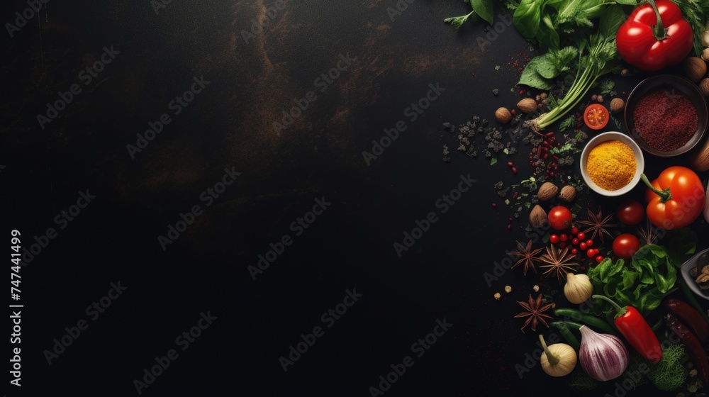 Fresh vegetables and aromatic spices on dark background, ideal for food blogs or recipes - obrazy, fototapety, plakaty 