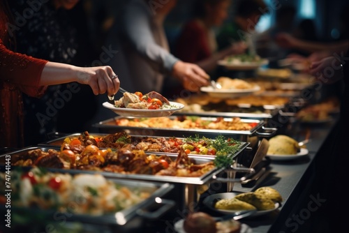Group of people getting food from a buffet table. Ideal for catering or event planning concepts photo