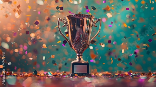 Shiny Trophy with Confetti on a Vibrant Stage Backdrop photo