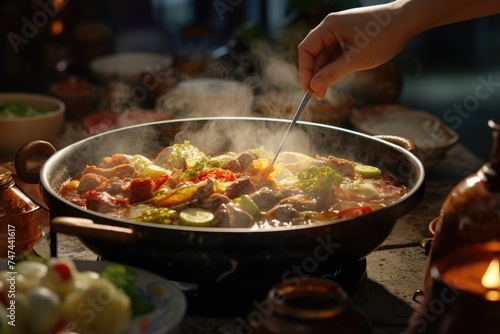 Person cooking food in a pan on a table, perfect for culinary and cooking themes
