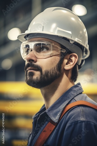 A man wearing a hard hat and safety glasses. Suitable for construction or industrial concepts © Fotograf