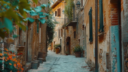 An image of a narrow cobblestone street in an old town. Suitable for historical or travel-themed designs