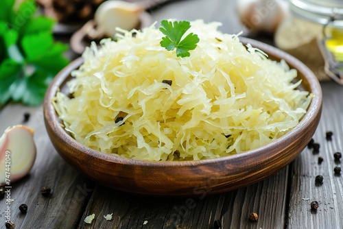 A plate of Sauerkraut, a traditional German dish made from finely shredded cabbage that has been fermented by various lactic acid bacteria.