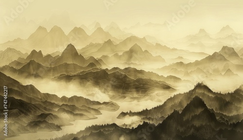modern chinese landscape drawing wallpaper Generative AI