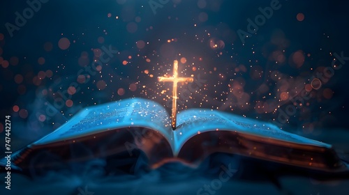 Open Book with Glowing Cross on Dark Blue Background