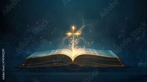 Open Book with Glowing Cross on Dark Blue Background
