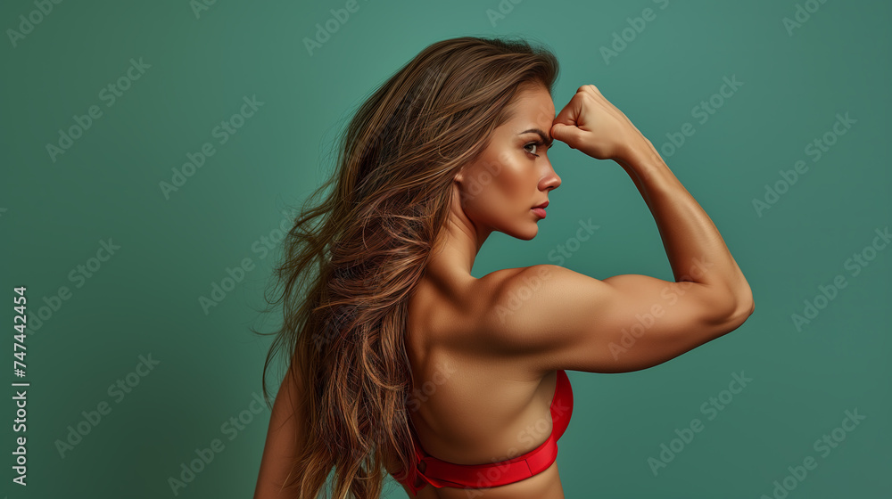Woman power , self determination and confidence concepts with strong blonde woman flexing her muscular arms Woman power , self determination and confidence concepts with strong blonde woman flexing her muscular arms