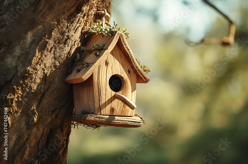 a bird house on a branch with autumn leaves, generative ai