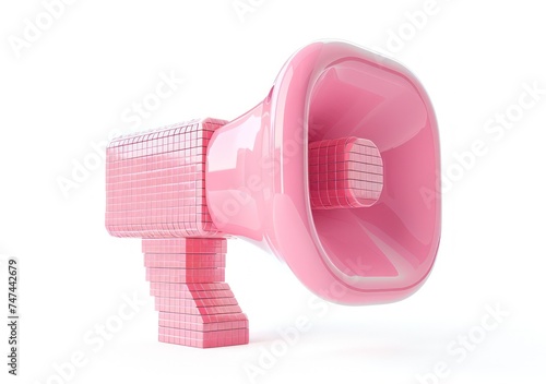 3d big pink megaphone isolated, white background, a 3d rendered rounded square button, playful and colorful and bubbly pixelated