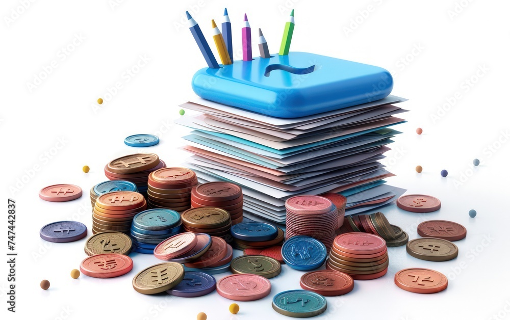 Obraz premium 3d illustration of some coins, a paperclip and a home with money, in the style of calculated,a 3d rendered blue rounded square button, playful and colourful and bubbly