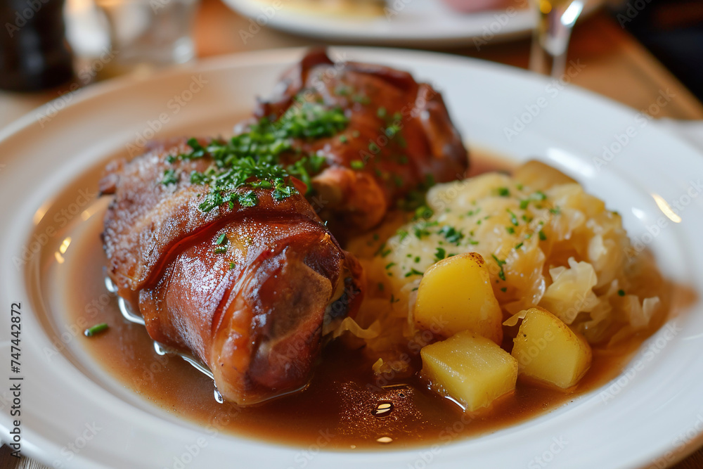 A plate of Schweinshaxe, a traditional German dish made from roasted pork knuckle, which is usually served with sauerkraut and potatoes. A plate of Schweinshaxe, a traditional German dish made from roasted pork knuckle, which is usually served with sauerkraut and potatoes.