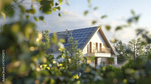 An architect's rendering of a modern home with solar panels on the gable roof, highlighting eco-friendly design, solar panels on the gable roof, blurred background, with copy space