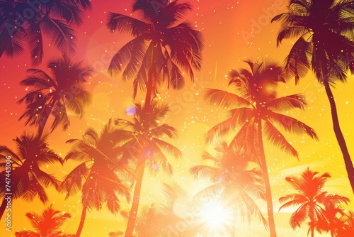 Palm trees in the foreground of a beautiful sunset, perfect for tropical-themed designs © Fotograf
