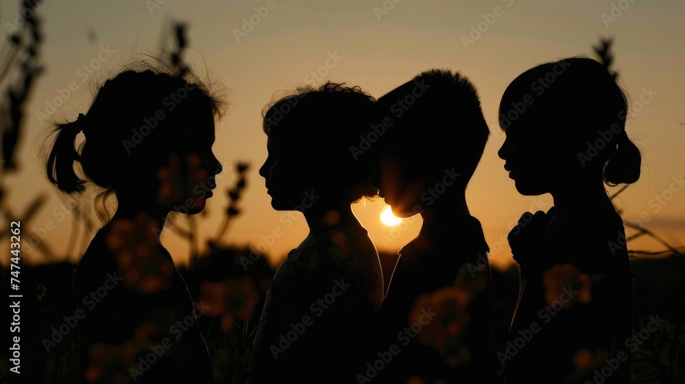 Group of people standing in a picturesque field at sunset. Suitable for lifestyle or teamwork concepts