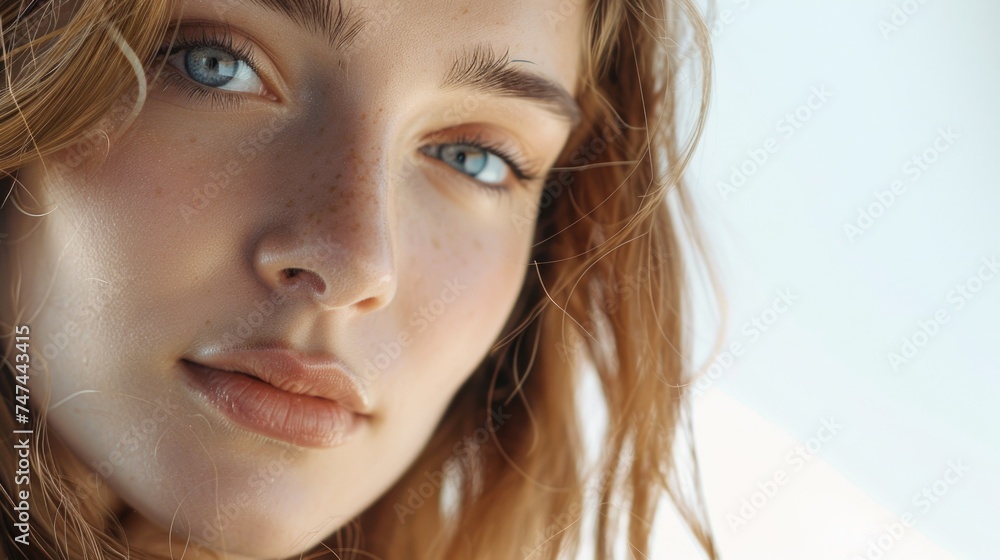 A close up of a woman with freckles on her face. Suitable for beauty and skincare concepts