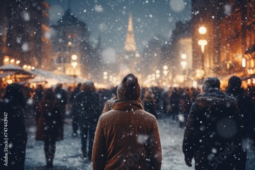 A person standing in the middle of a snow covered street. Suitable for winter concepts