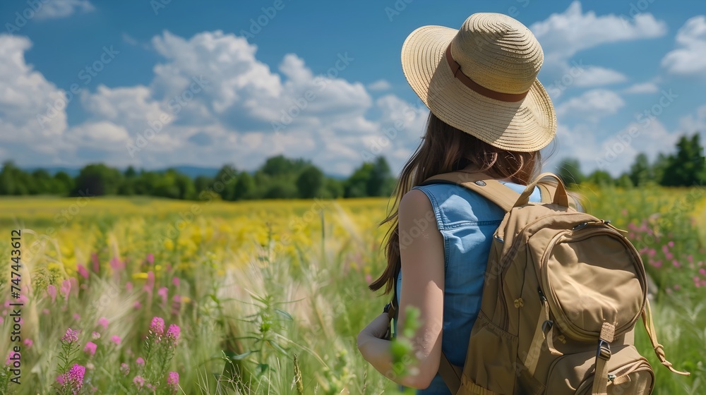 A young woman traveler with a backpack and sun hat is seen peacefully enjoying a vibrant summer field, Traveling on vacation concept